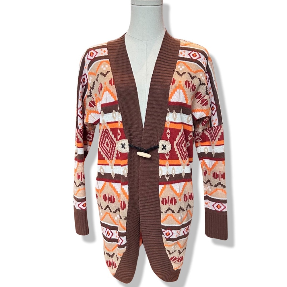 Women's Vintage COLOURS OF THE WORLD '70s Cardigan with Wooden Toggle Size S